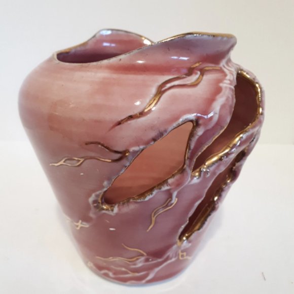 Jeanne St. Laurent Studio Pottery Vase New Brunswick Pink and Gold - Picture 7 of 7